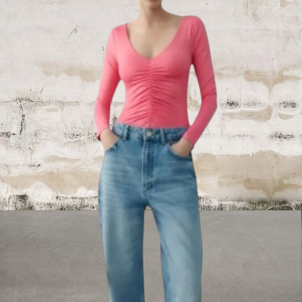 Zara Women's Ruched Pink Long Sleeve Bodysuit Size Medium